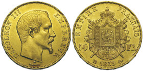 Second Empire 1852-1870
50 Francs, Starsbourg, 1859 BB, AU 16,1 g.
Ref : G.1111, Fr. 571
Conservation : presque Superbe. Rare