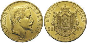Second Empire 1852-1870
50 Francs, Paris, 1864 A, AU 16,12 g.
Ref : G.1112, Fr. 582
Conservation : Superbe