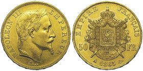 Second Empire 1852-1870
50 Francs, Paris, 1865 A, AU 16,12 g.
Ref : G.1112, Fr. 582
Conservation : Superbe. Rare
Quantité : 3740 ex. Rare