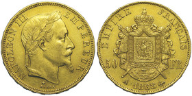 Second Empire 1852-1870, 
50 Francs, Paris, 1868 A, AU 16,12 g.
Ref : G.1112, Fr. 582
Conservation : presque Superbe. Rare
Quantité : 4223 ex. Rare