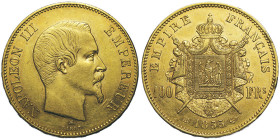 Second Empire 1852-1870, 
100 Francs, Strasbourg, 1855 BB, AU 32.25 g.
Ref : G.1135, Fr. 570
Conservation : traces de nettoyage, sinon TTB+ Quantité :...