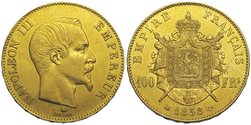 Second Empire 1852-1870, 100 Francs, Strasbourg, 1858 BB, AU 32.25 g.
Ref : G.11...