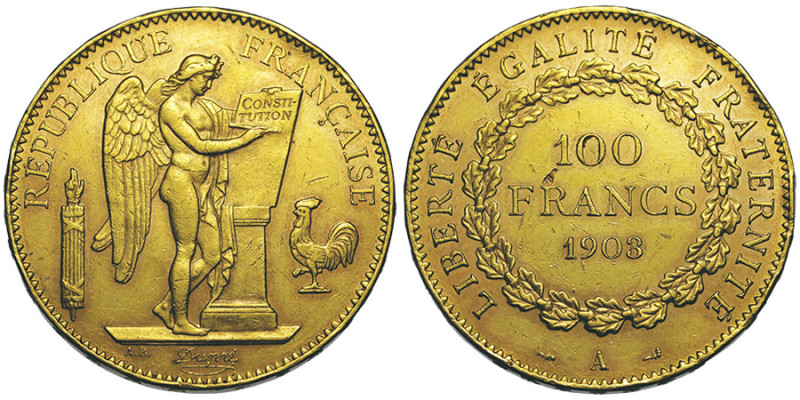 Troisième République 1870-1940, 100 Francs, Paris, 1903 A, AU 32.25 g.
Ref : G. ...