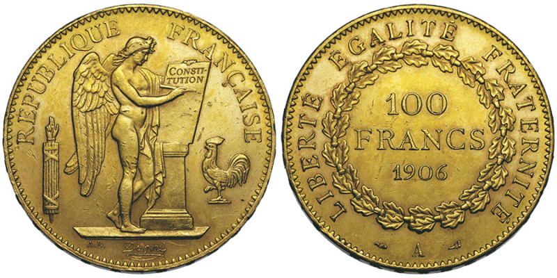 Troisième République 1870-1940, 100 Francs, Paris, 1906 A, AU 32.25 g.
Ref : G. ...