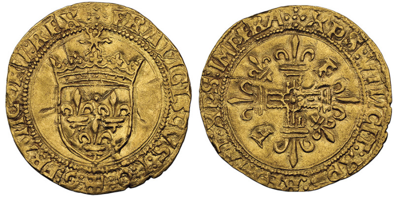 François 1er 1515-1547
Écu d'or au soleil 5e type, AU 3.30 g. Avers : FRANCISCVS...