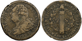 Convention 1792-1795, Deux sols, 1792 MA, Variété FRANCIOS, Cu 27.67 g.
Ref : G.25
Grading : NGC VF DETAILS
Conservation : coups, sinon TB/TTB