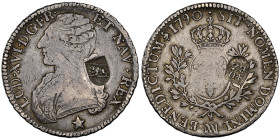 Convention 1792-1795, Ecu de 6 livres (1816-1819) surfrappés sur 40 Bz Canton de Berne, 1790 MA, AG 29.26 g.
Ref : G. 356
Grading : NGC VF 30
Conserva...