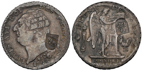 Convention 1792-1795, Ecu de 6 livres (1816-1819) surfrappés sur 40 Bz Canton de Berne, 1793 MA, AG 29.49 g.
Ref : G. 55
Grading : NGC XF 45
Conservat...