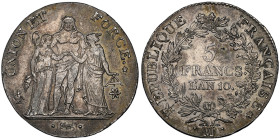Directoire 1795-1799
5 Francs Union et Force, AN 10 MA, AG 24.85 g. 
Ref : G.563a
Grading : NGC AU 55. Très rare seulement 39.266 exemplaires
Conserva...