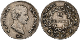 Premier Empire 1804-1814
2 Francs An 12 MA, AG 9,97 g.
Ref : G. 495
Grading : NGC VF 25. Très rare, seulement 5249 exemplaires frappés
Ex Palombo,...