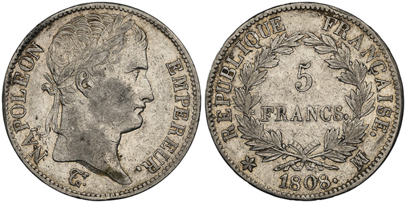 Premier Empire 1804-1814, 5 Francs, 1808 MA, AG 24.95 g.
Ref : G.583
Grading :...