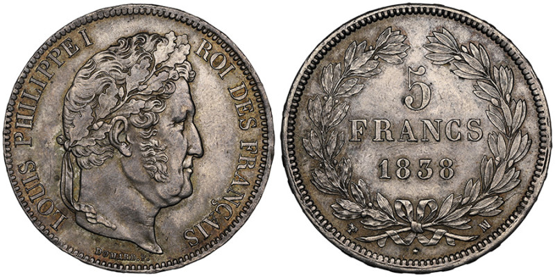 Louis-Philippe Ier 1830-1848
5 Francs, 1838 MA, tête laurée, AG 25 g.
Ref : G.67...