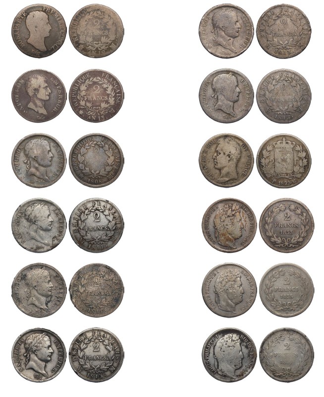 Lot de 12 monnaies de 2 Francs en argent de l'atelier de Marseille:
- AN 12 Pre...