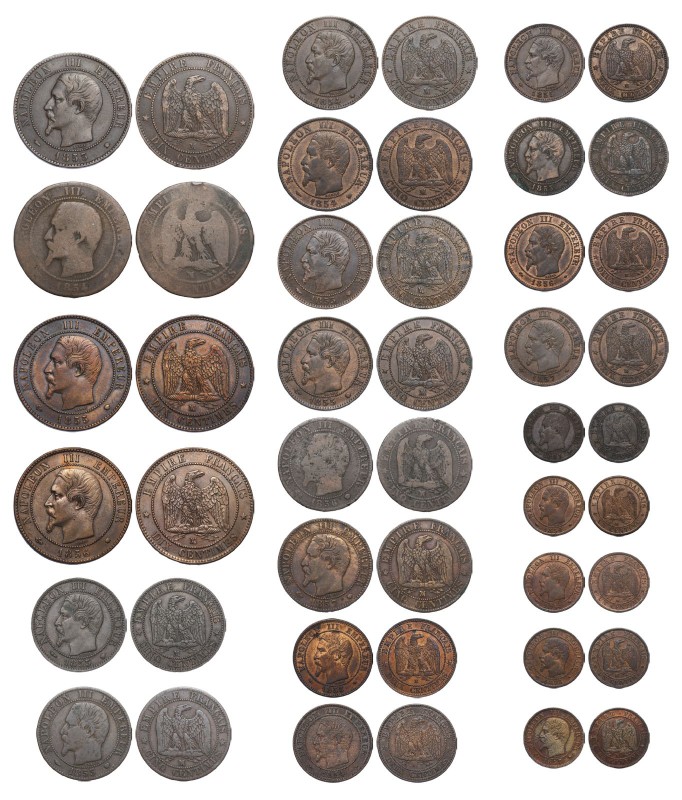 Lot de 23 monnaies en cuivre, Second Empire
- 4 monnaies de 10 cent 1853-1854-1...