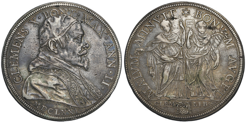 Clemens X 1670-1676
Piastre, Rome, AN II, MDCLXXI, AG 31.90 g. Ref : MIR 1932/1 ...