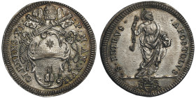 Clemente XI 1700-1721, Giulio, Rome, AN XVII, AG 3,07 g.
Ref : MIR 2304/1 (R), Munt 114, Berman 2419
Conservation : FDC