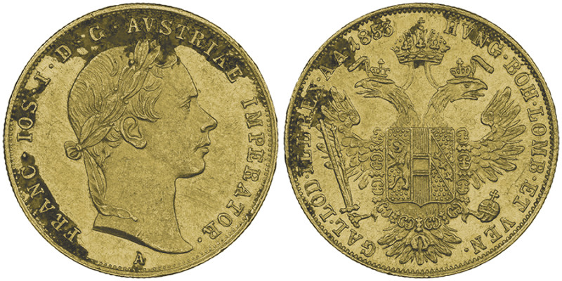 Franz Josef 1848-1916
Ducat, Vienne, 1853 A, AU 3.49 g.
Ref : Fr. 490, Früh. 116...