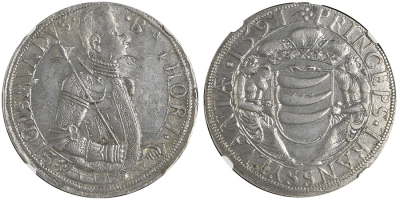 Sigismund Bathory 1581–1602
Thaler, Nagybanya, 1591, AG
Ref : Resch 82 var. (ave...