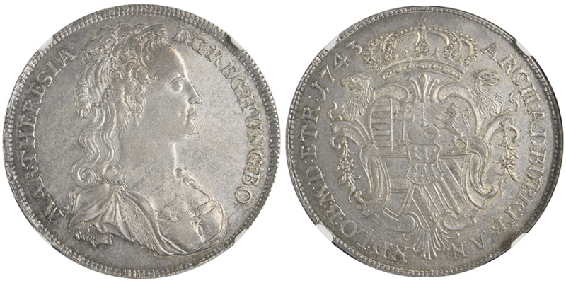 Maria Theresia 1740-1780
Thaler, 1743, Karlsburg, AG
Avers : Buste à droite avec...