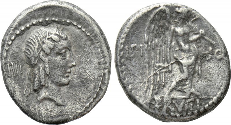 L. CALPURNIUS PISO FRUGI. Quinarius (90 BC). Rome. 

Obv: Laureate head of Apo...