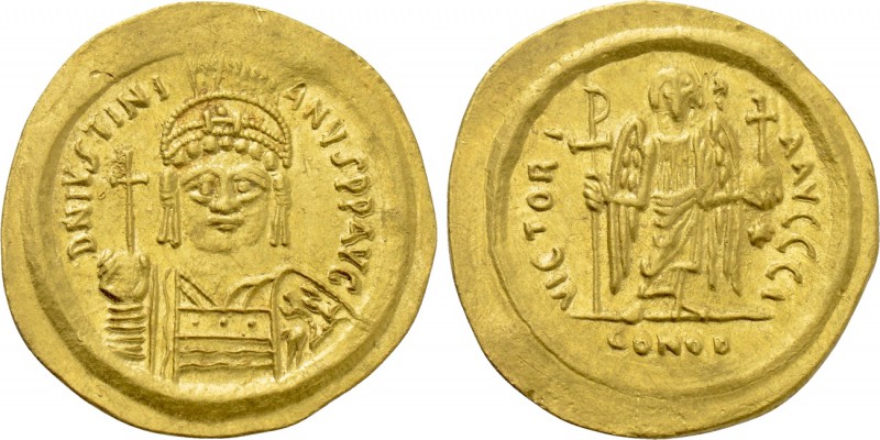 JUSTINIAN I (527-565). GOLD Solidus. Ravenna. 

Obv: D N IVSTINIANVS P P AVG. ...