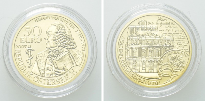 AUSTRIA. GOLD 50 Euros (2007). Wien (Vienna). Commemorating Gerard Van Swieten a...