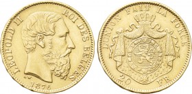 BELGIUM. Leopold II (1865-1909). GOLD 20 Francs (1876). Brussels.