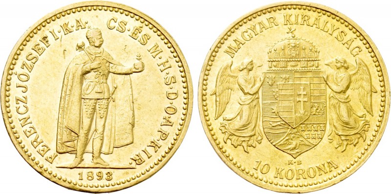 HUNGARY. Franz Joseph I (1848-1916). GOLD 10 Korona (1893-KB). Körmöcbánya (Krem...