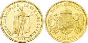HUNGARY. Franz Joseph I (1848-1916). GOLD 10 Korona (1893-KB). Körmöcbánya (Kremnica).