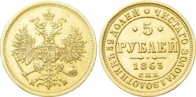 RUSSIA. Alexander II (1855-1881). GOLD 5 Roubles (1863 СПБ-МИ). St. Petersburg.