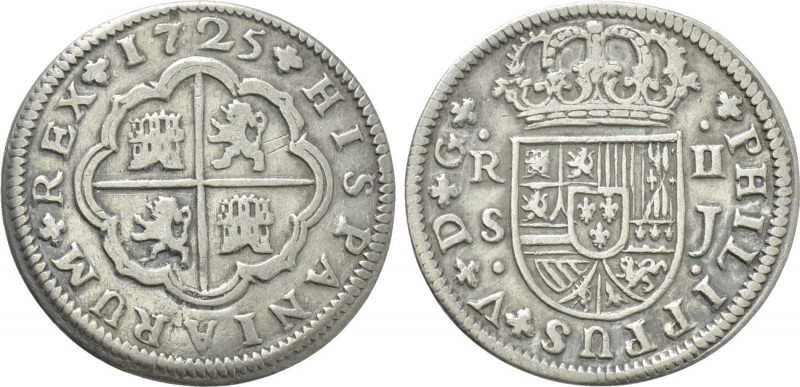 SPAIN. Felipe V (Second reign, 1724-1746). 2 Reales (1725 S-J). Sevilla (Seville...