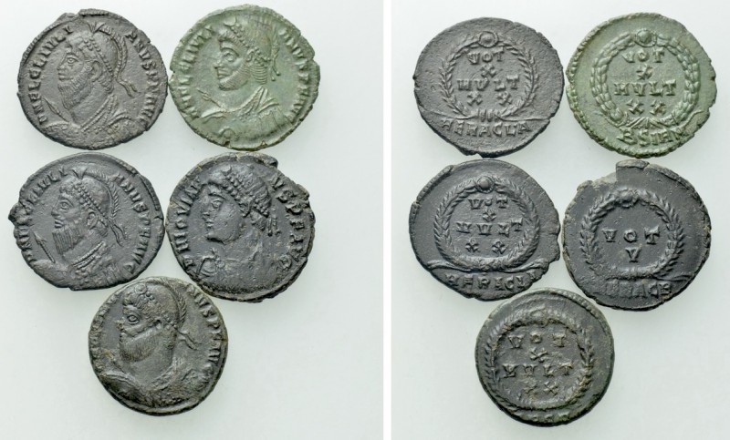 5 Coins of Julian II and Iovian. 

Obv: .
Rev: .

. 

Condition: see pict...