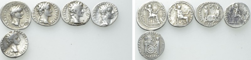 5 Denari of Augustus and Tiberius. 

Obv: .
Rev: .

. 

Condition: See pi...