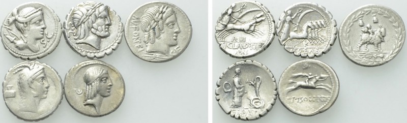 5 Roman Republican Denari. 

Obv: .
Rev: .

. 

Condition: See picture.
...