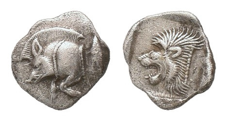 MYSIA. Kyzikos. Obol (Circa 450-400 BC).
Obv: Forepart of boar left; tunny to r...