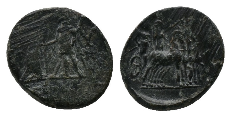 AEOLIS. Kyme. Ae (2nd century BC).
Obv: K - V.
Artemis standing right, holding...