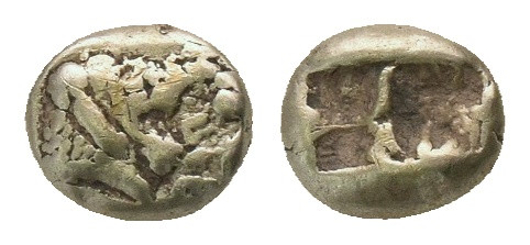 KINGS OF LYDIA. Alyattes or Walwet (620-560 BC). EL Hemihekte. Sardeis.
Obv: He...