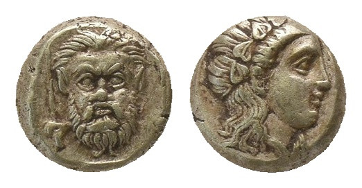 LESBOS. Mytilene. EL Hekte (Circa 377-326 BC).
Obv: Facing head of Silenos with...