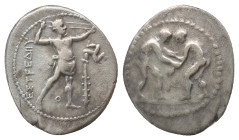 PAMPHYLIA. Aspendos. Stater (Circa 330/25-300/250 BC).
Obv: Two wrestlers grappling; E between.
Rev: EΣTFEΔIY.
Slinger in throwing stance right; to...