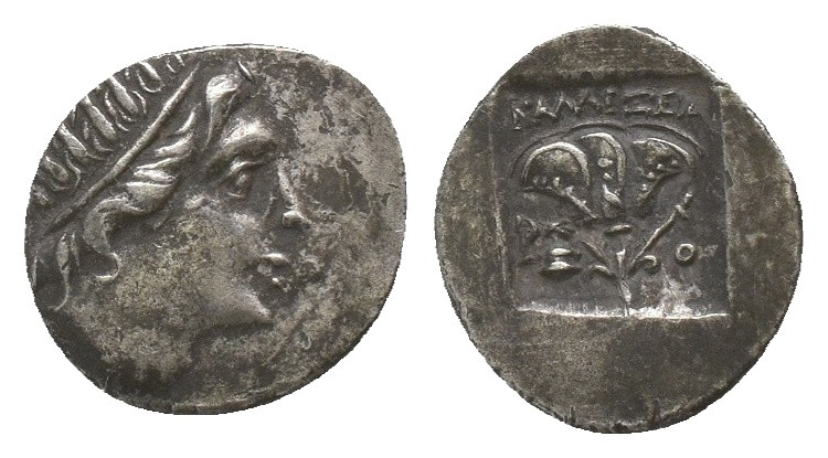 CARIA. Rhodes. Drachm (Circa 88-84 BC). Kallixeinos, magistrate.
Obv: Radiate h...