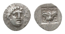 CARIA. Rhodes. Hemidrachm (Circa 170-150 BC).
Obv: Radiate head of Helios facing slightly right.
Rev: Rose with bud to right. Control: Club to left ...