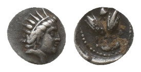 CARIA. Rhodes. Diobol (Circa 275-250 BC).
Obv: Radiate head of Helios right.
Rev: P - O.
Two rose buds. Control: Phrygian helmet above.
SNG Copenh...