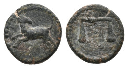 LEVANTINE REGION. Uncertain (3rd century AD). Ae.
Obv: Ram leaping left, head right.
Rev: Scales; c/m: Helmeted bust right within incuse circle.
Bu...