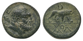 KINGS OF GALATIA. Amyntas (36-25 BC). Ae. Dated RY 5 (31/0).
Obv: Head of Herakles right, with club over shoulder; ЄC (date) to left.
Rev: Lion stan...