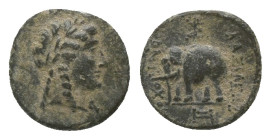 SELEUKID KINGS OF SYRIA. Antiochos III ‘the Great’ (222-187 BC). Ae.
Obv: Laureate head of Apoll right.
Rev: BAΣΙΛΕΩΣ ANTIOXOY.
Elephant advancing ...