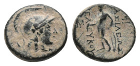 SELEUKID KINGDOM. Seleukos II Kallinikos (246-225 BC). Ae. Sardes.
Obv: Helmeted head of Athena right.
Rev: ΒΑΣΙΛΕΩΣ / ΣΕΛΕΥΚΟΥ.
Apollo standing le...