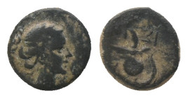 KINGS OF PAPHLAGONIA. Era of Amyntas? (36-25 BC). Ae. Isinda.
Obv: Bust of Artemis right, bow and quiver over shoulder.
Rev: IΣIN.
Macedonian helme...