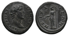 BITHYNIA. Nicaea. Antoninus Pius (138-161). Ae.
Obv: ΑVΤ ΚΑΙСΑΡ ΑΝΤΩΝΙΝOС.
Bare head right.
Rev: ΝΕΙΚΑΙΕΩΝ.
Athena standing left, holding owl and ...