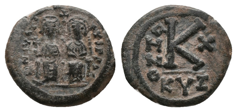 JUSTIN II, with SOPHIA (565-578). Half Follis. Moneta Militaris Imitativa. Dated...