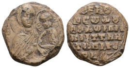 Byzantine Lead Seal of Theodore Proteuon, patrikios and judge of the velum (AD 11th century)
Obv: Bust of the Mother of God, nimbed and draped, holdi...